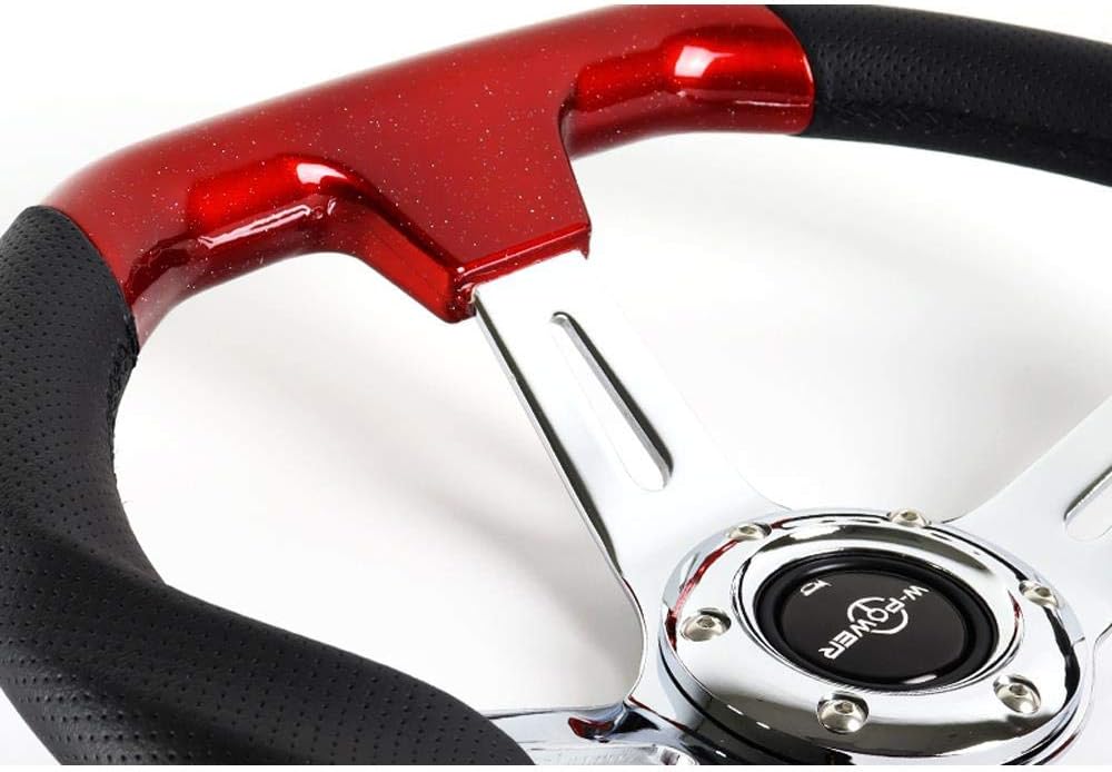 W Power Exclusive 13.5' Pearl Red Wood Grip 6 Lug Bolt Hole Chrome 3-Spoke Vintage Steering Wheel