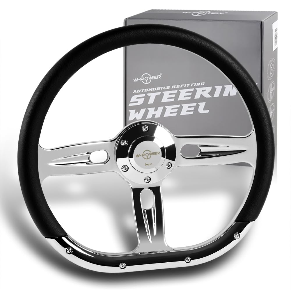 W-Power, 14' Universal 350mm 6 Bolt Hole Aluminum Polished Vinyl Wrap Leather Trim Steering Wheel, Chrome Horn Button JDM Euro VIP Style, 2' Deep (Black Vinyl Wrap Leather)