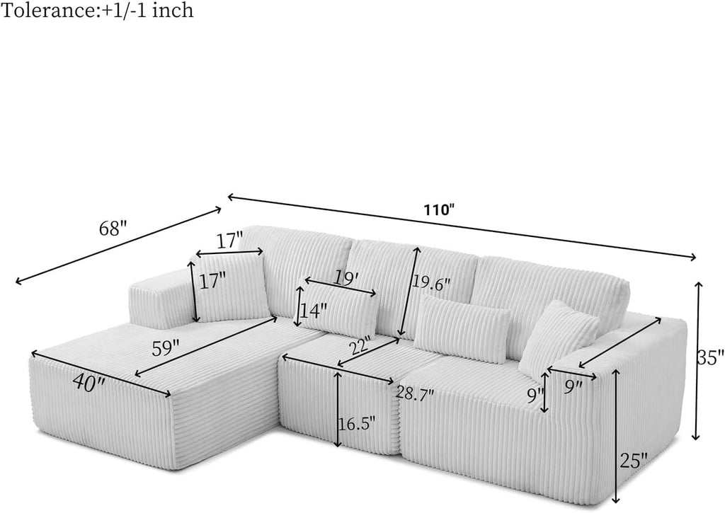 110' Cloud Couch Sectional, L Shaped Boneless Couch Sectional Couches for Living Room, Modern Comfy Corduroy Fluffy Modular Sofa with Deep Seat, No Assembly (Green, Left Facing Chaise)