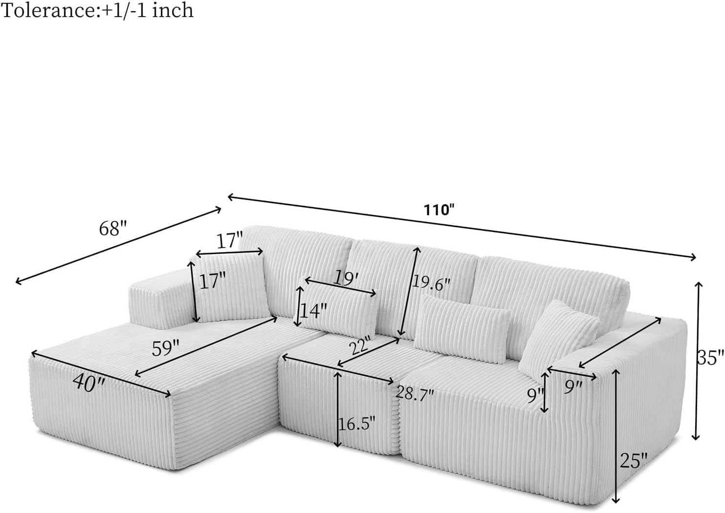 110' Cloud Couch Sectional, L Shaped Boneless Couch Sectional Couches for Living Room, Modern Comfy Corduroy Fluffy Modular Sofa with Deep Seat, No Assembly (Green, Left Facing Chaise)