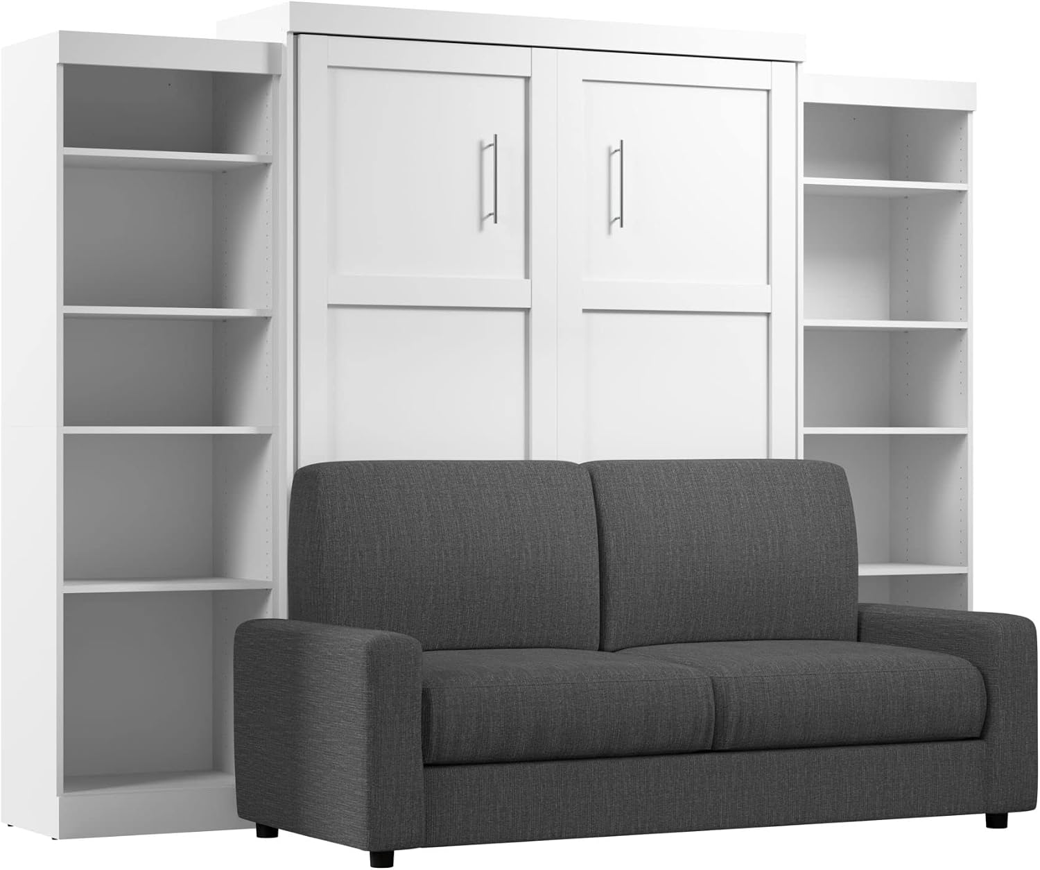 Bestar Pur Queen Murphy Bed with Sofa and Shelving Units, 115-inch Space-Saving Wall Bed