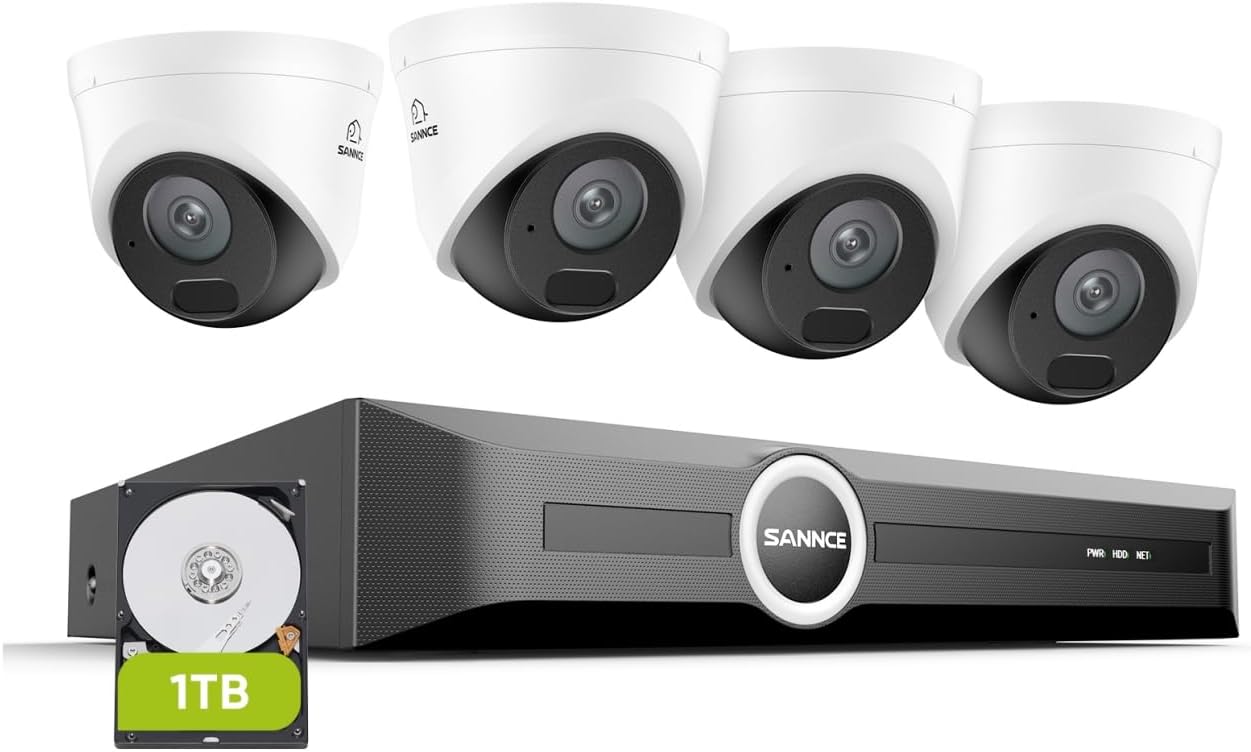 SANNCE 2K 3MP PoE Security Camera System - 8CH 6MP NVR with 4PCS 3MP HD Weatherproof Dome Surveillance Cameras with H.265 Video Compression, Smart IR LED, APP Push Alert, Remote Access (1TB HDD)