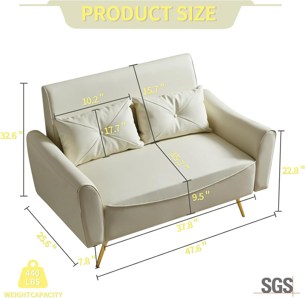 Brelice 48' Faux Leather Loveseat Sofa, Modern Small Couch for Small Space with 2 Pillows, 2 Seater Couch for Living Room, Bedroom, Office, Apartment (Beige)