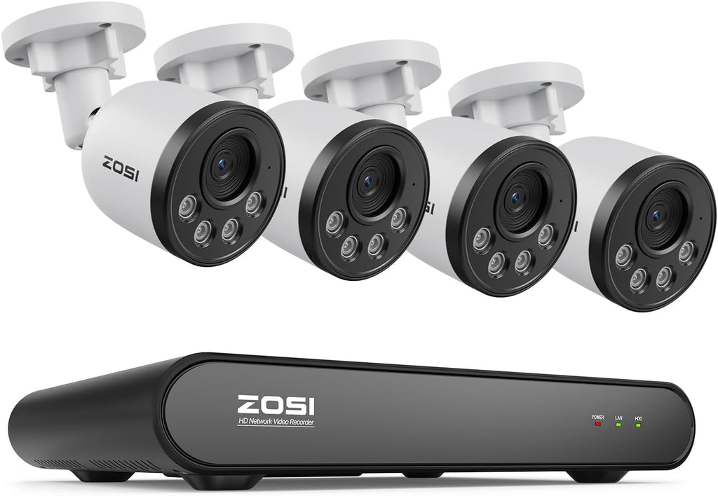 ZOSI 5MP Security Camera System with Audio, 4pcs 4MP Wired Outdoor Indoor PoE Cameras, Smart Person Vehicle Detection, 100ft Night Vision, H.265+ 8CH CCTV NVR for Home, No Monthly Fee (NO Hard Drive)