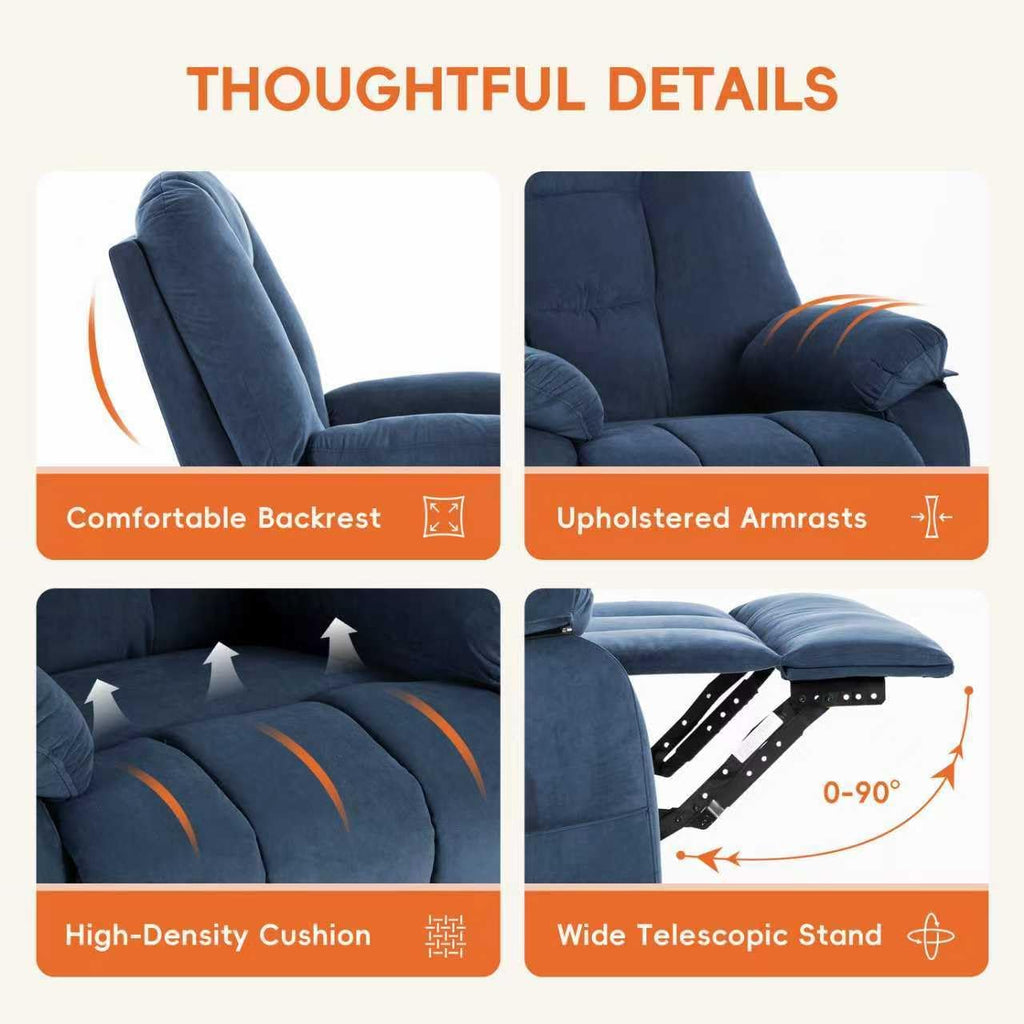 Ketaiyou Power Swivel Rocker Recliner with Massage and Heat, USB and Type-C Port, Infinite Position, Electric Glider Rocking Chairs Living Room, Soft Fabric Reclining Sofa Chair (Velvet Blue)
