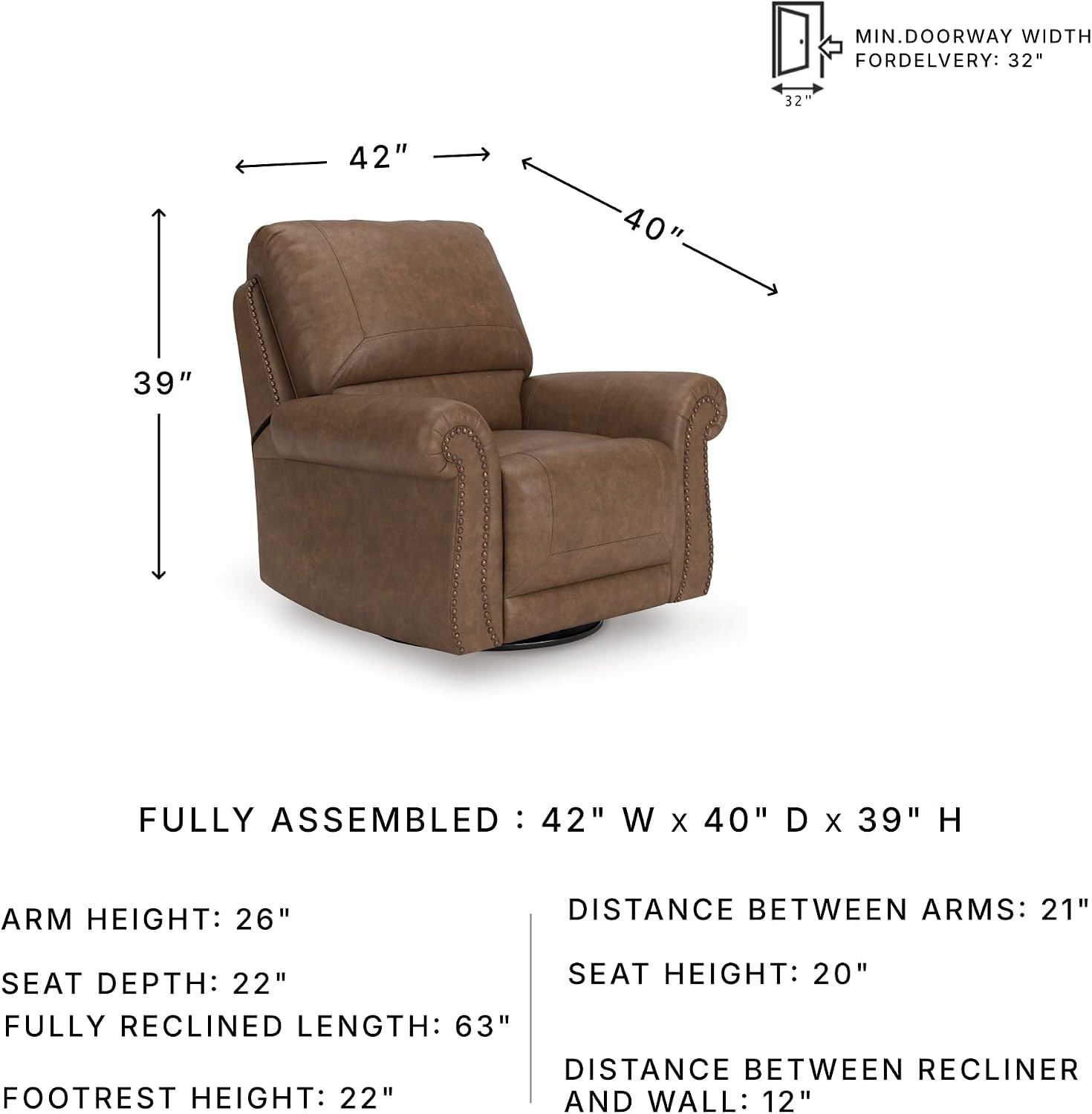 Signature Design by Ashley Shadsburne Classic Faux Leather Manual Rocker Swivel Glider Recliner with Nailhead Trim, Brown