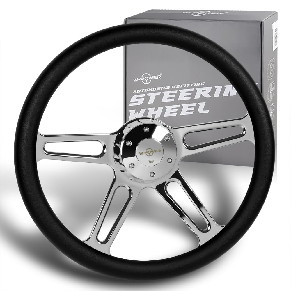 18' Universal 457mm 5 Bolt Hole 2 Inches Deep, Vintage Style Leather Grip Steering Wheel with Hub Adapter Compatible with T04 Kenworth, Peterbilt All Models (Black Leather Grip)