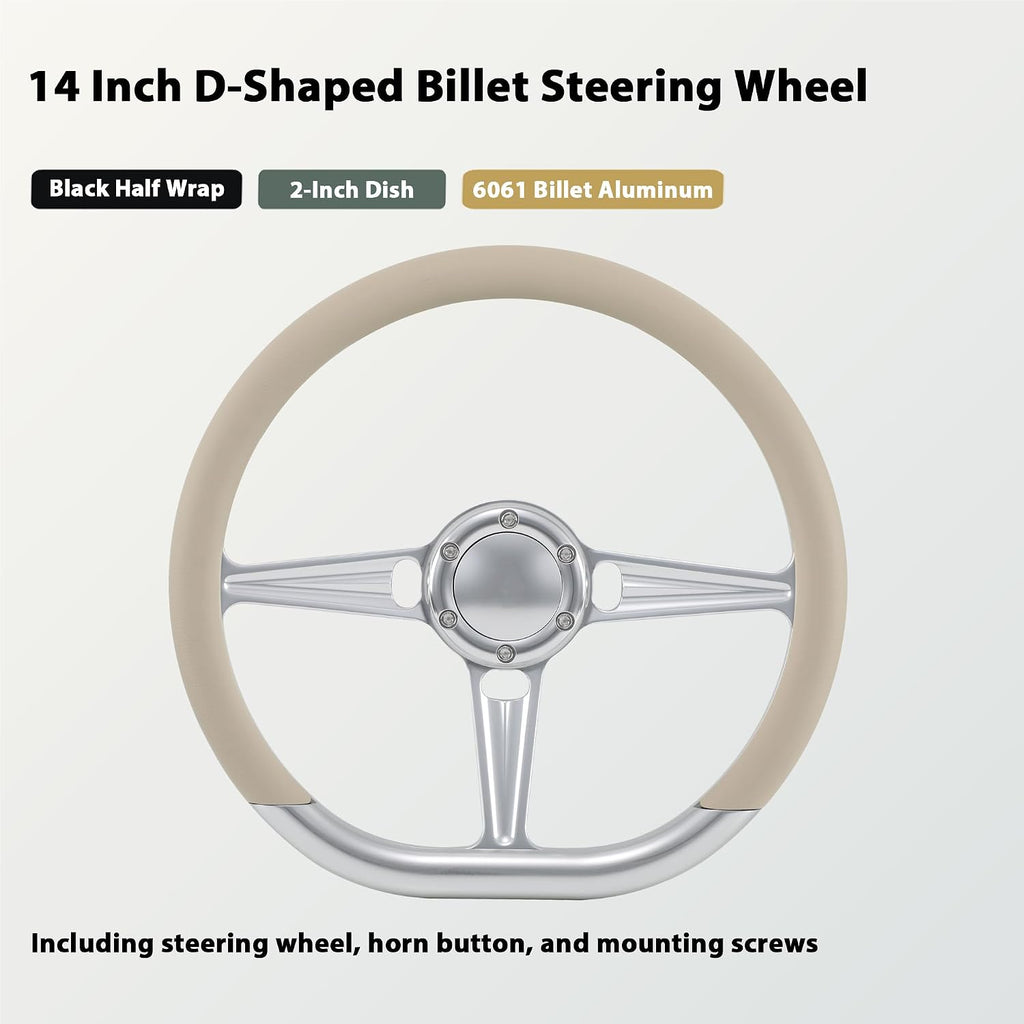 14' Satin Billet Steering Wheel with Half Wrap and Horn Button (Tan)