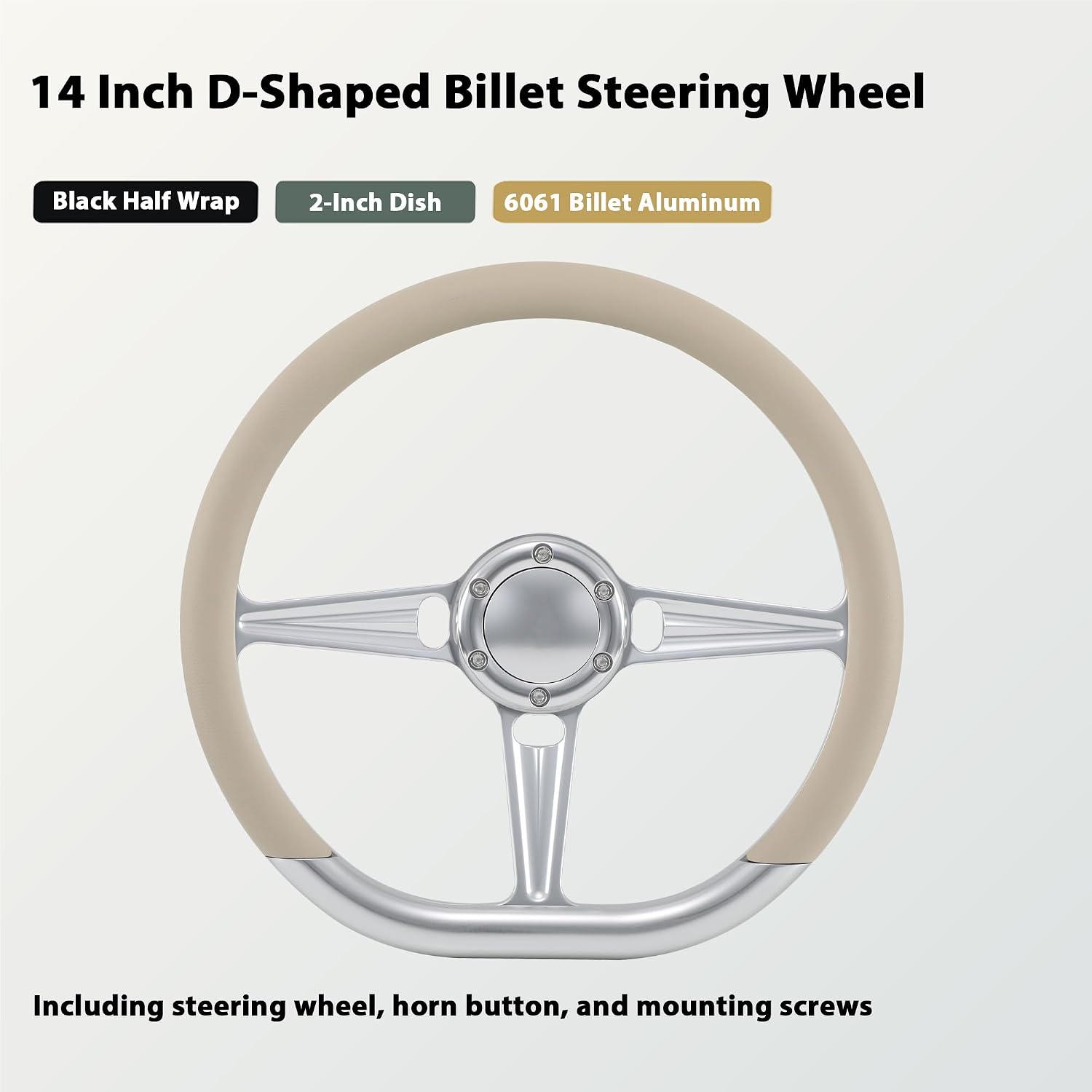 14' Satin Billet Steering Wheel with Half Wrap and Horn Button (Tan)