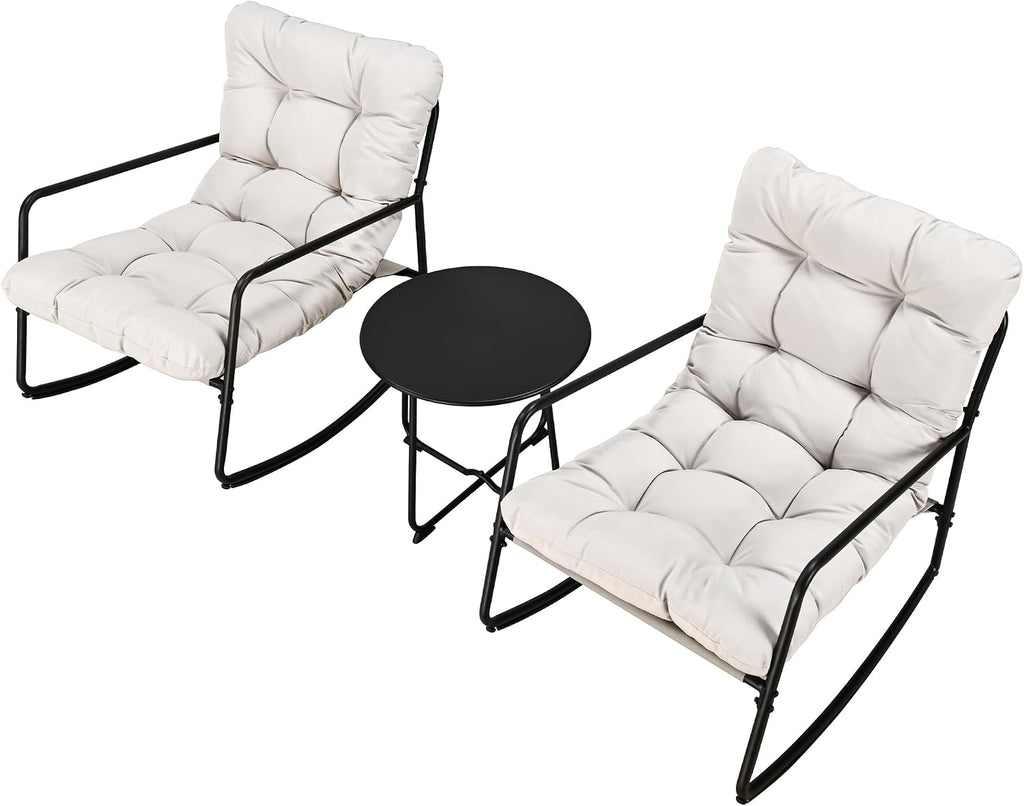 3-Piece Outdoor Rocking Chair Set with Side Table, Comfy Papasan Patio Lounge Chair, Metal Patio Bistro Furniture with Thick Cushions for Porch, Garden, Living Room (Beige)