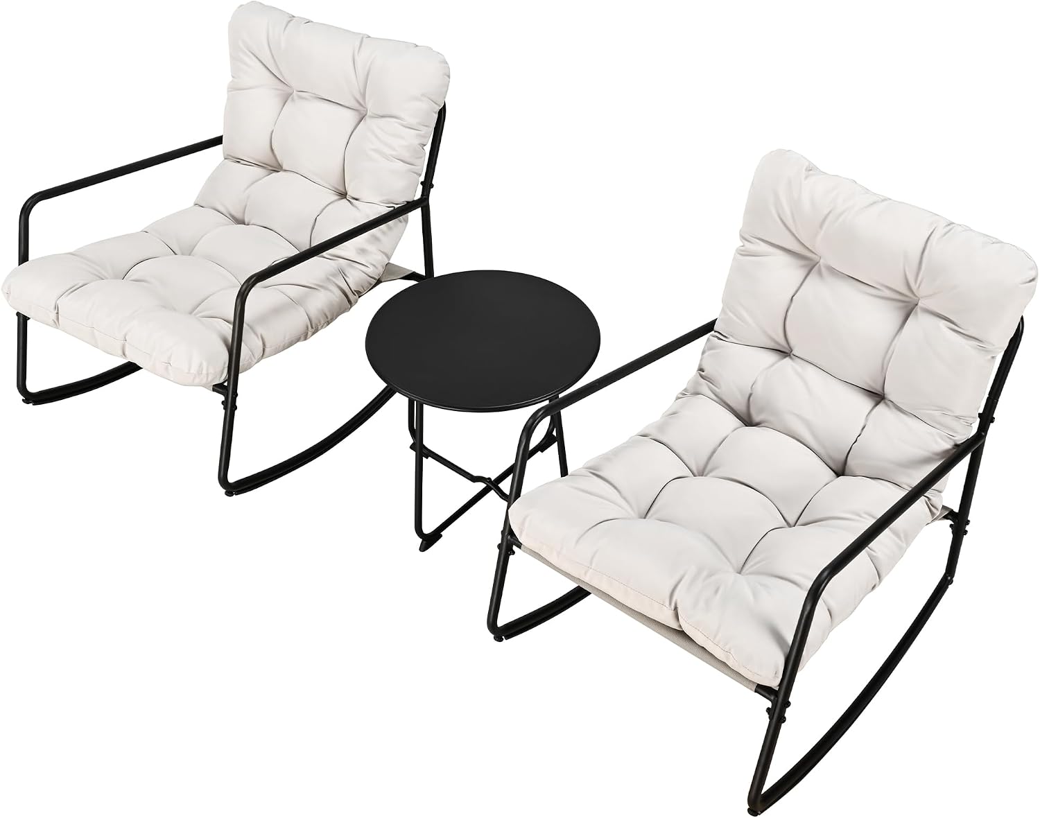 3-Piece Outdoor Rocking Chair Set with Side Table, Comfy Papasan Patio Lounge Chair, Metal Patio Bistro Furniture with Thick Cushions for Porch, Garden, Living Room (Beige)