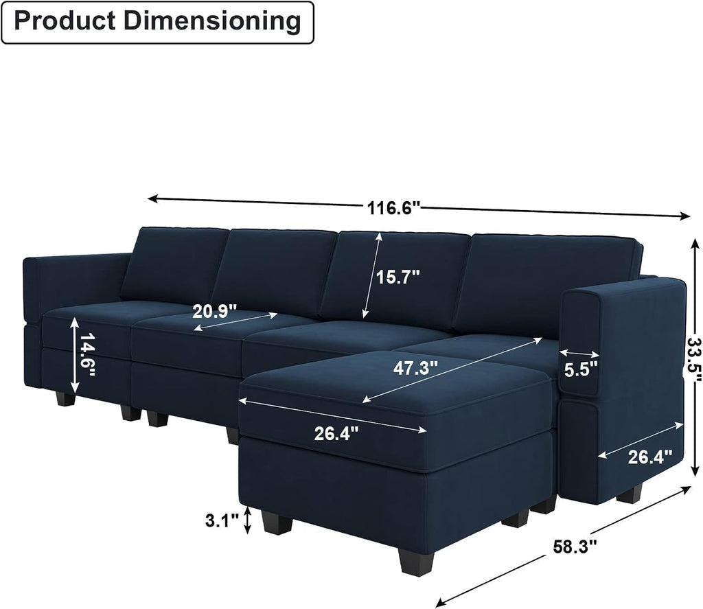 Belffin Modular Sectional Sofa Couch with Reversible Chaise Velvet L Shaped Storage 4-seat Convertible Blue…