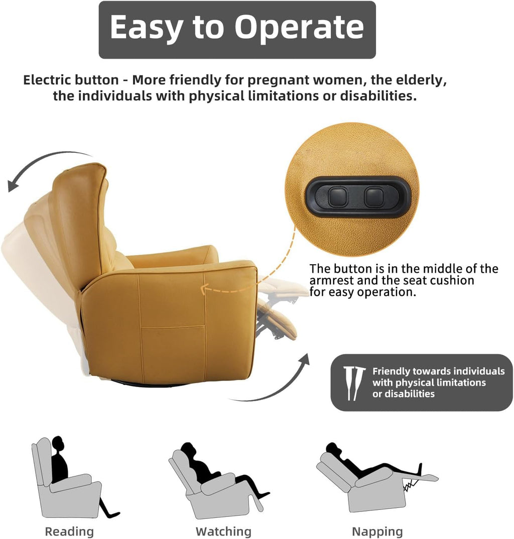 INZOY Power Swivel Rocker Recliner Glider, Oversize Electric Swivel Rocker Recliners with Highly Enveloping Backrest, Nursery Rocking Recliner Chair Leathaire Reclining Sofa for Living Room, Yellow