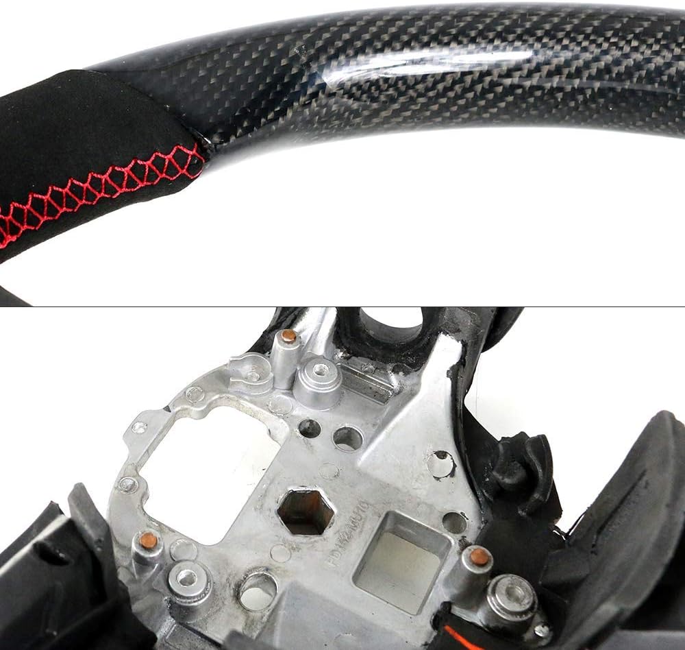 IKON MOTORSPORTS, Steering Wheel Compatible With 2010-2014 Ford Mustang, Black Carbon Fiber & Synthetic Suede Steering Wheel Brushed Kit With Red Stitching, 2011 2012 2013