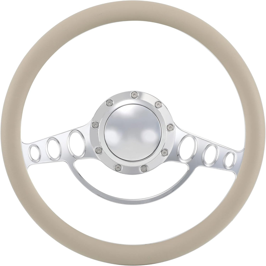 14'' Billet Half Wrap 9 Bolts Steering Wheel with 2'' Dish and Horn Button (Tan)