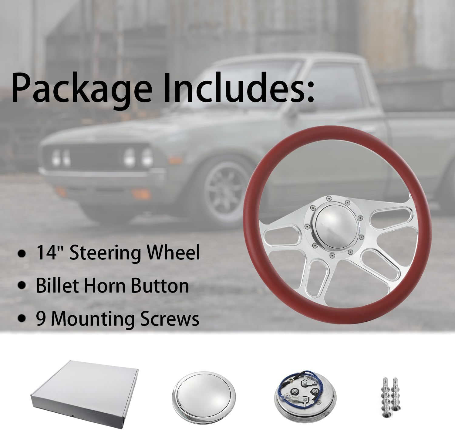 14'' Billet 4-slot Half Wrap 9 Bolts Steering Wheel with 2'' Dish and Horn Button Compatible with Chevy, Ford, GM (Burgundy)