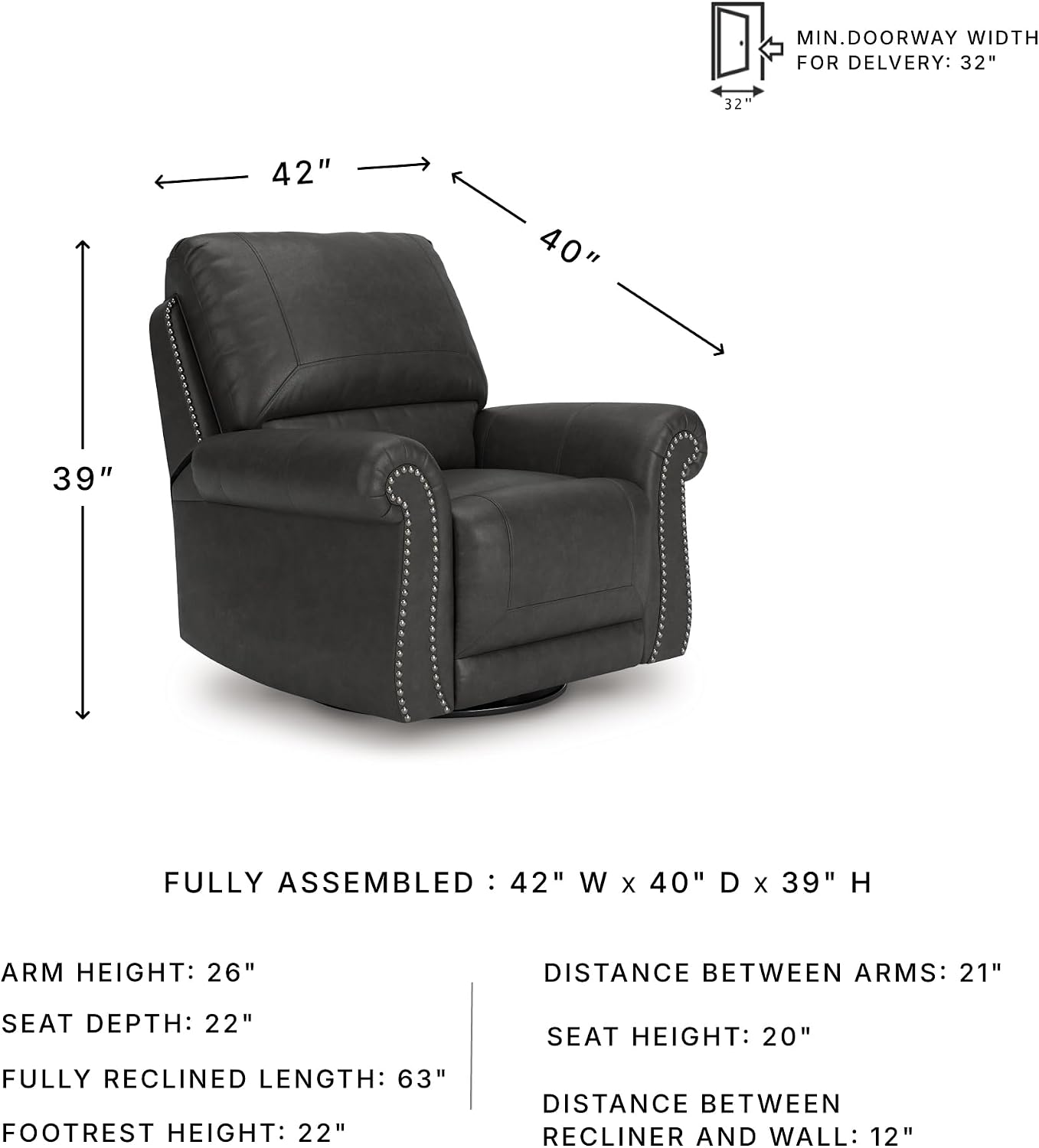 Signature Design by Ashley Shadsburne Classic Faux Leather Manual Rocker Swivel Glider Recliner with Nailhead Trim, Reinforced Frame and Metal Seat Box, 360-Degree Swivel, Black
