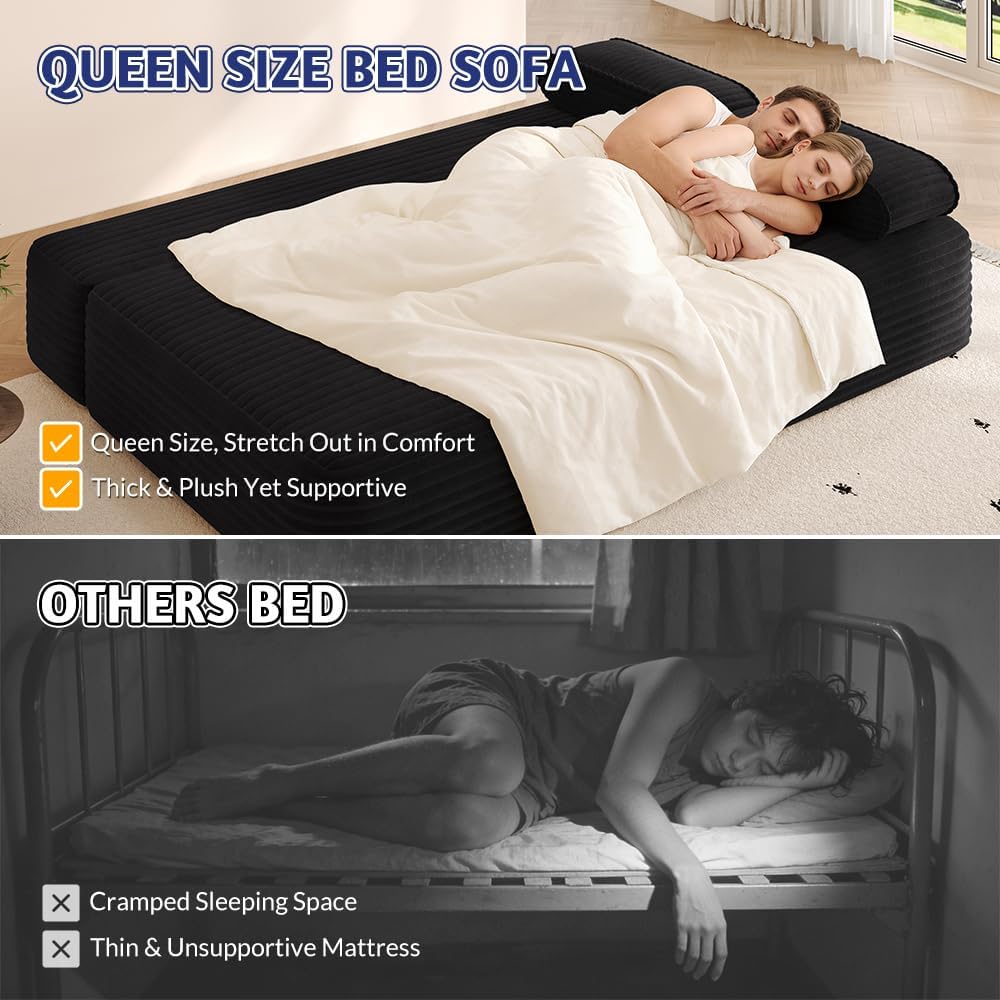 78.7'' Boneless Couches Queen, Corduroy Futon Sofa Bed, Modern Floor Couch, Cloud Convertible Sleeper Sofa Daybed, Comfy Loveseat, 3 Pillows, for Small Spaces, Living Room, Apartment, Black