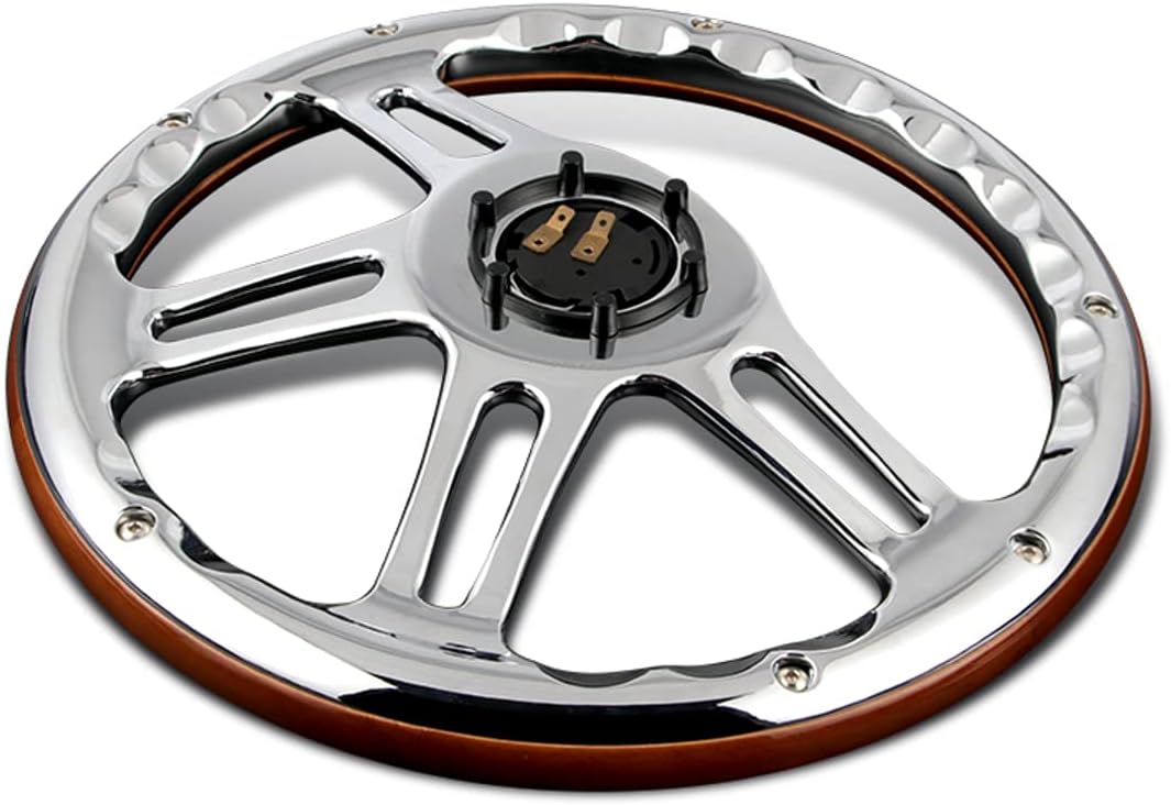 W-Power, 14' Universal 350mm 6 Bolt Hole Vintage Style with Aluminum Polished Dark Wood Grip Steering Wheel, Black Horn Button, Chrome 4-Spoke