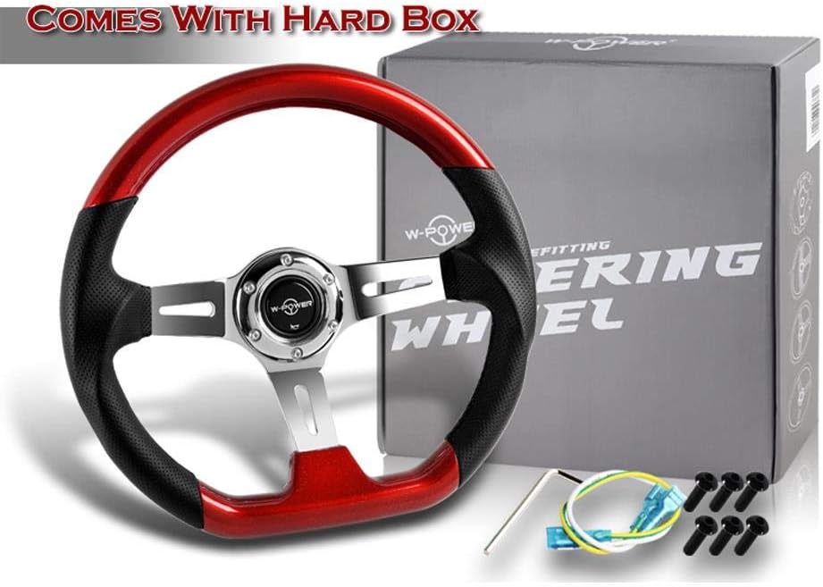 W Power Exclusive 13.5' Pearl Red Wood Grip 6 Lug Bolt Hole Chrome 3-Spoke Vintage Steering Wheel