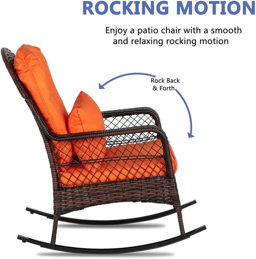 Outdoor Wicker Rocking Chair, Patio Rattan Rocker Chair with Cushions & Steel Frame, All-Weather Rocking Lawn Wicker Furniture for Garden Backyard Porch