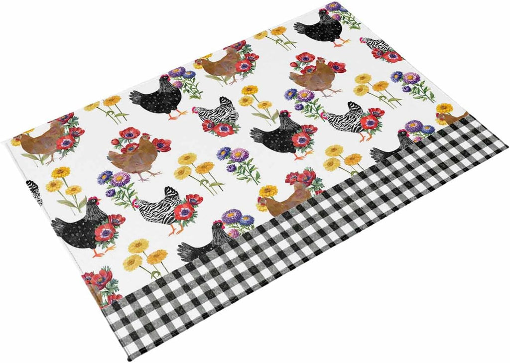 Farmhouse Rooster Outdoor Rug for Patio/Deck/Porch, Non-Slip Large Area Rug 4 x 6 Ft, Country Watercolor Flowers Black Plaid Indoor Outdoor Rugs Washable Area Rugs, Camping Rug Carpet Runner