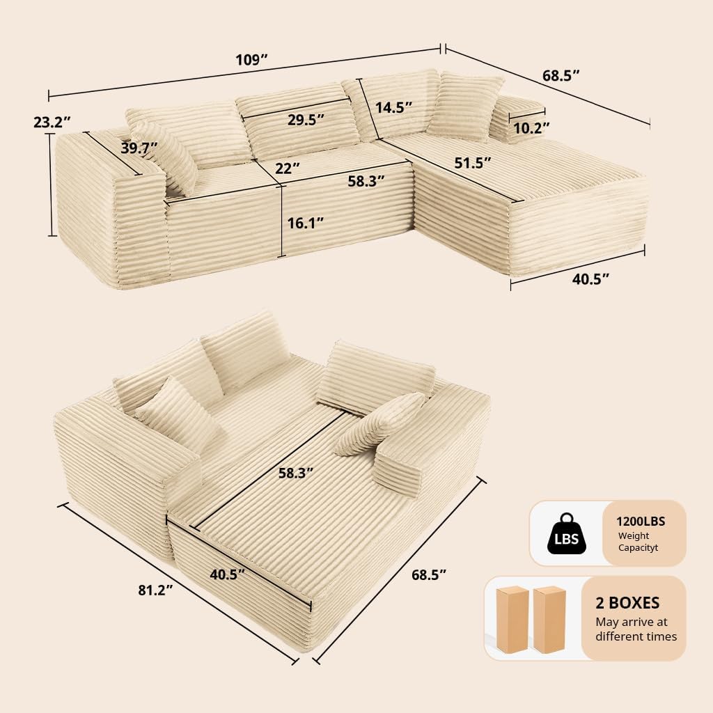 COMHOMA 105'Modular Sectional Sofa with Deep Seat,Cloud Upholstered L-Shape Couch Wide Arms Corduroy Fabric High-Density Foam Chaise Lounge for Living Room No Assembly Required