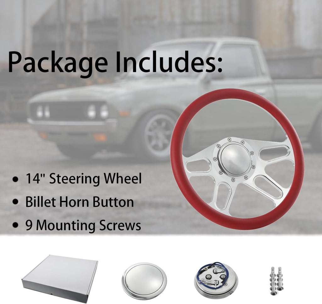 14'' Billet 4-slot Half Wrap 9 Bolts Steering Wheel with 2'' Dish and Horn Button Compatible with Chevy, Ford, GM (Red)