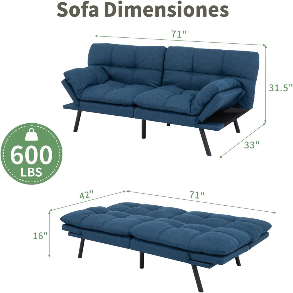 MUUEGM 71-Inch Futon Sofa Bed, Convertible Loveseat Sleeper | Modern Blue Linen Fabric | Adjustable Couch for Living Room & Small Spaces