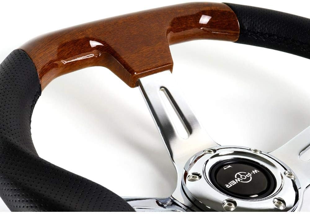 W Power Exclusive 13.5' Dark Wood Grip 6 Lug Bolt Hole Chrome 3-Spoke Vintage 343mm Steering Wheel