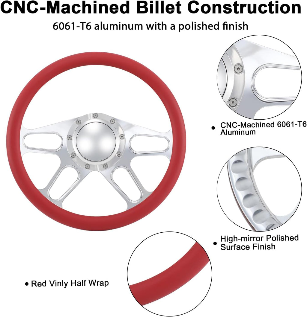 14'' Billet 4-slot Half Wrap 9 Bolts Steering Wheel with 2'' Dish and Horn Button Compatible with Chevy, Ford, GM (Red)