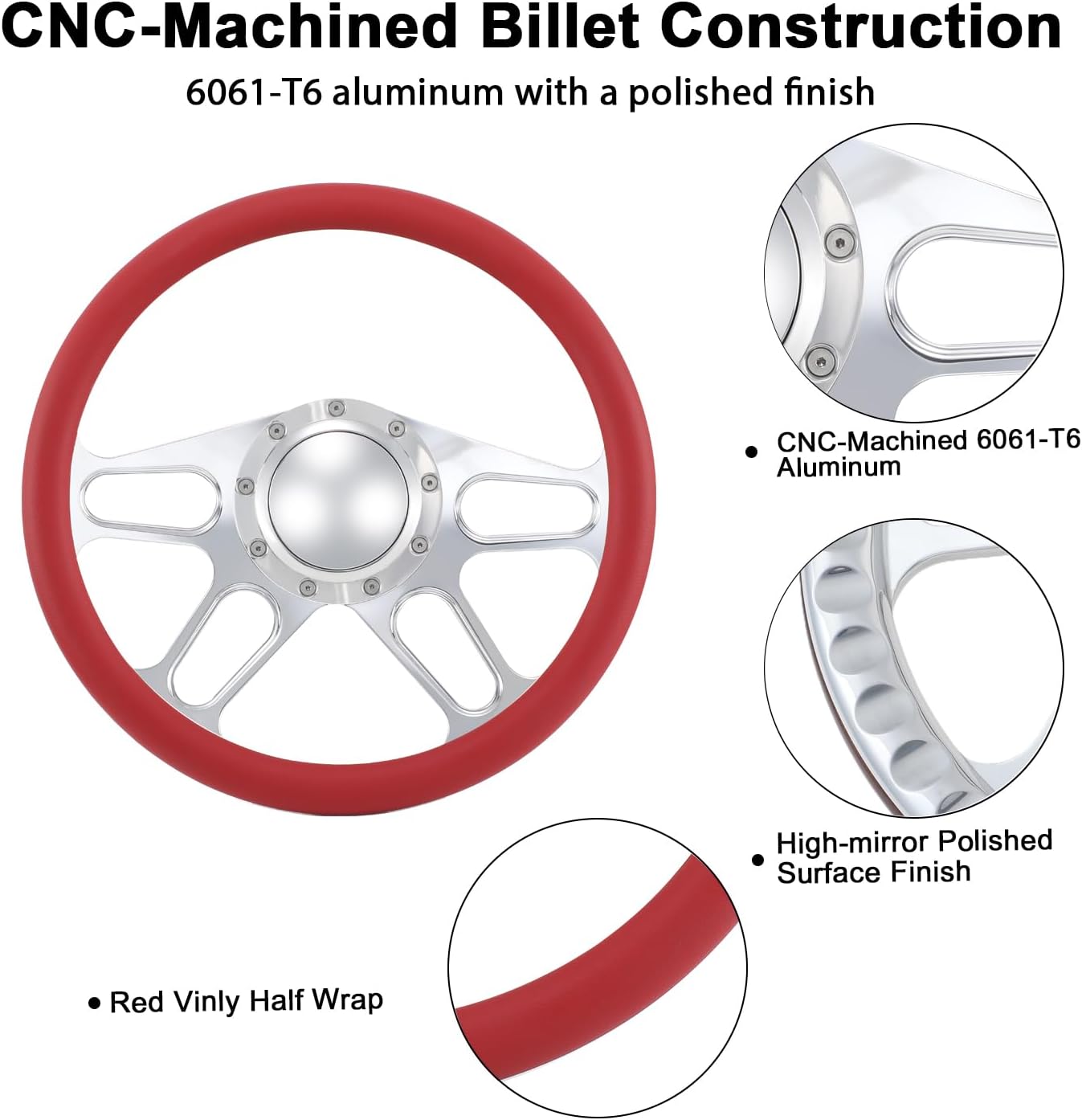 14'' Billet 4-slot Half Wrap 9 Bolts Steering Wheel with 2'' Dish and Horn Button Compatible with Chevy, Ford, GM (Red)