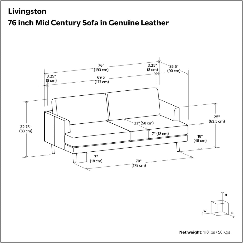 SIMPLIHOME Livingston Sofa - 76' Wide x 33' High Top Grain Genuine Leather Sofa in Sienna, Mid-Century Modern Loveseat for Living Room with Removable Feather-Wrapped Cushions and Solid Wood Frame
