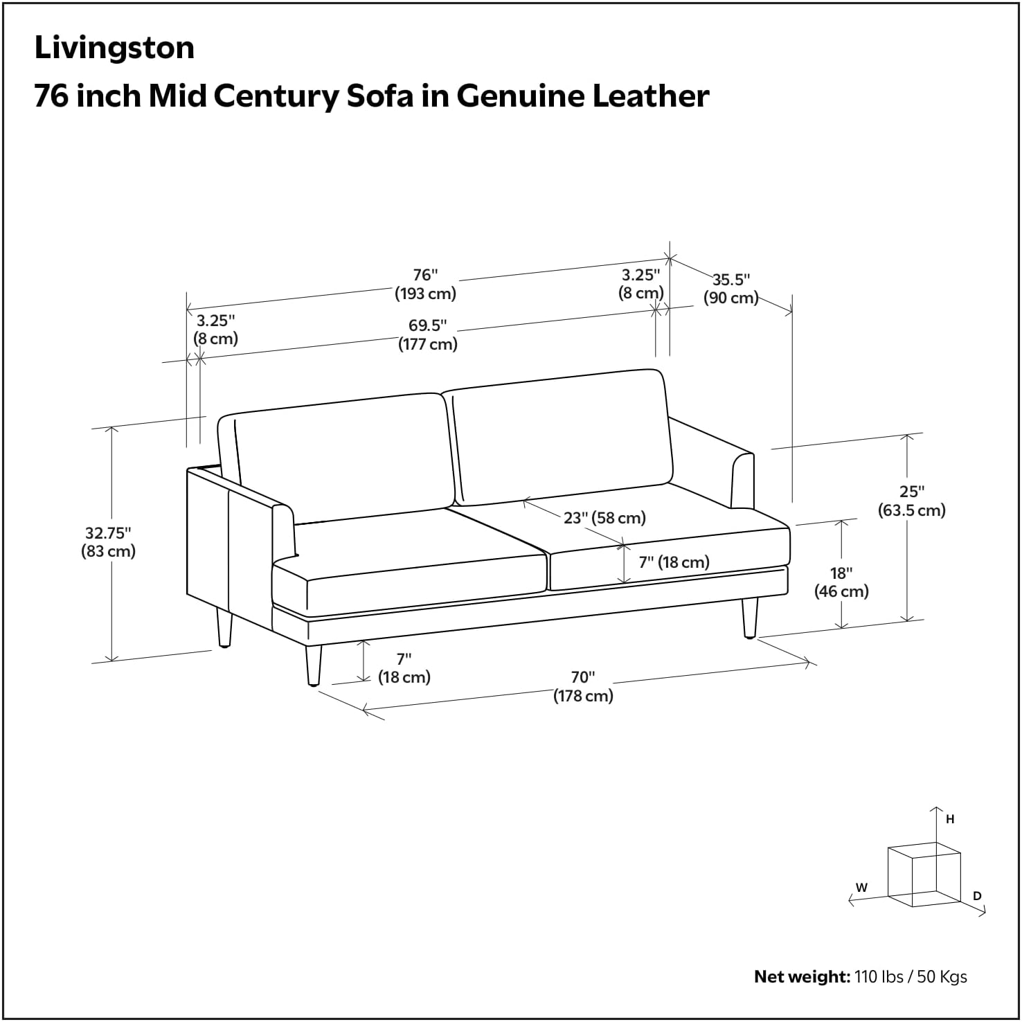 SIMPLIHOME Livingston Sofa - 76' Wide x 33' High Top Grain Genuine Leather Sofa in Sienna, Mid-Century Modern Loveseat for Living Room with Removable Feather-Wrapped Cushions and Solid Wood Frame