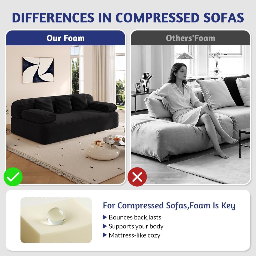 78.7'' Boneless Couches Queen, Corduroy Futon Sofa Bed, Modern Floor Couch, Cloud Convertible Sleeper Sofa Daybed, Comfy Loveseat, 3 Pillows, for Small Spaces, Living Room, Apartment, Black