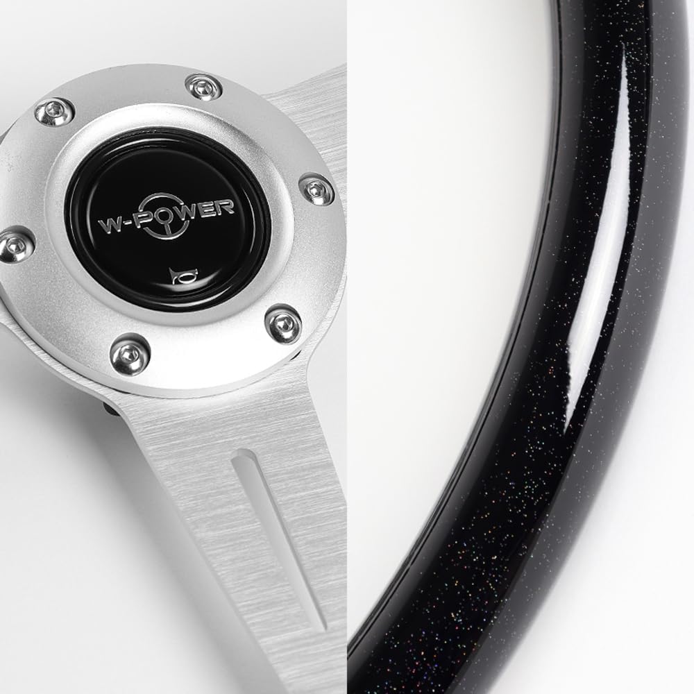 W-Power, 14' Universal 350mm 6 Bolt Hole Aluminum Polished 'Galaxy' Wood Grain Trim Steering Wheel, 3-Spoke, Black Horn Button JDM VIP Style (Black Sparkled Wood Grip - Silver Center)