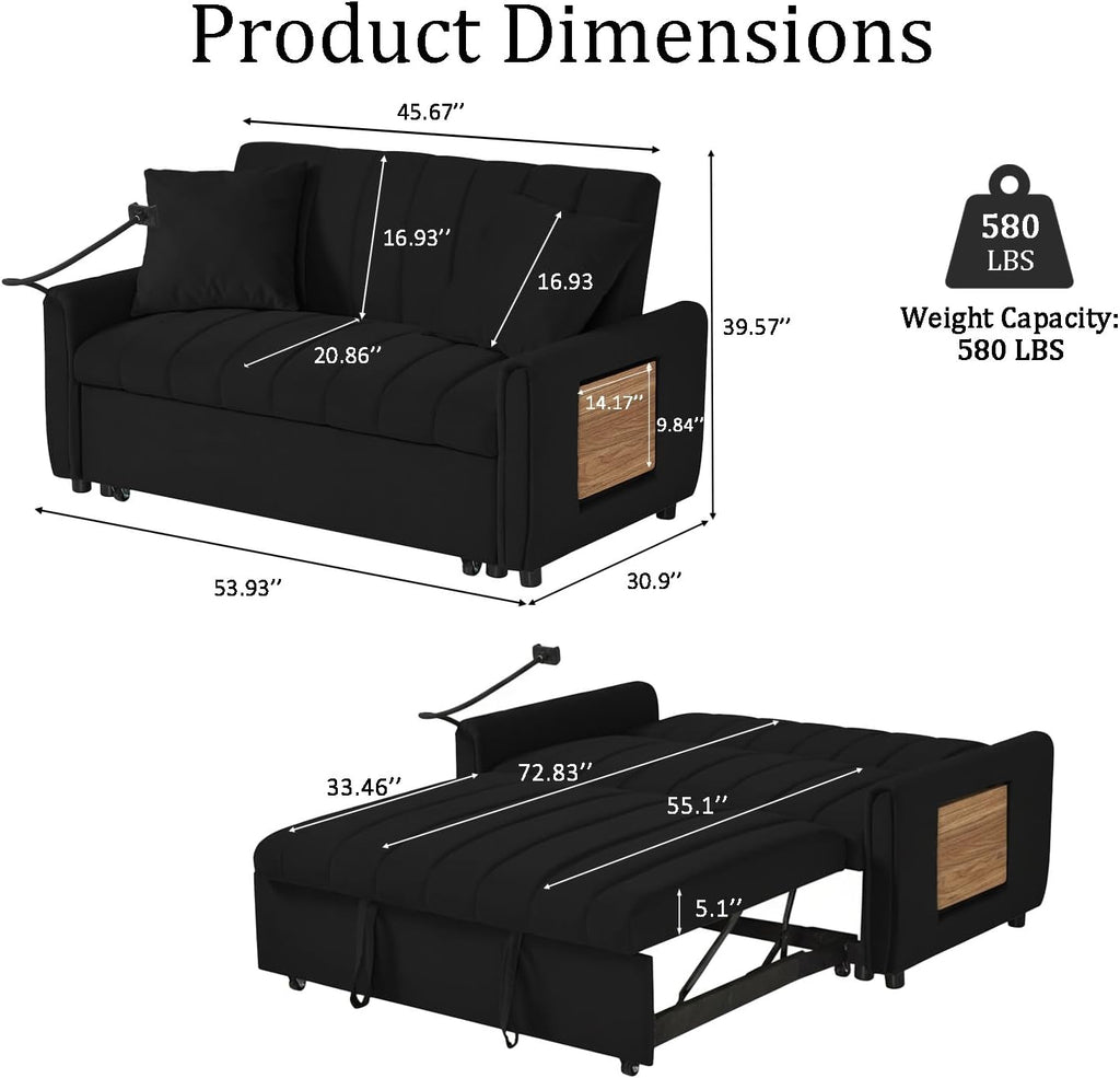 Convertible Sofa Bed, Pull Out Couch with 3-Position Reclining Backrest, Modern Velvet Upholstery Futon Sofa Bed, Loveseat Couch for Living Room, Apartments & Guest Rooms (Black-2)
