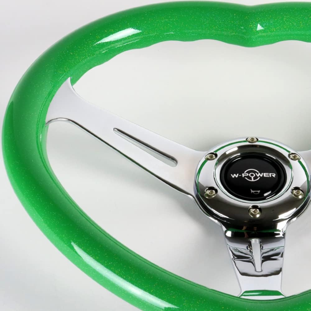 W-Power,13.5' Universal 343mm 6 Bolt Hole 3-Inche Deep Dish Aluminum Polished Heart-Shaped with Wood Grip Steering Wheel, Black Horn Button JDM Euro VIP Style, 3-Spoke (Green)