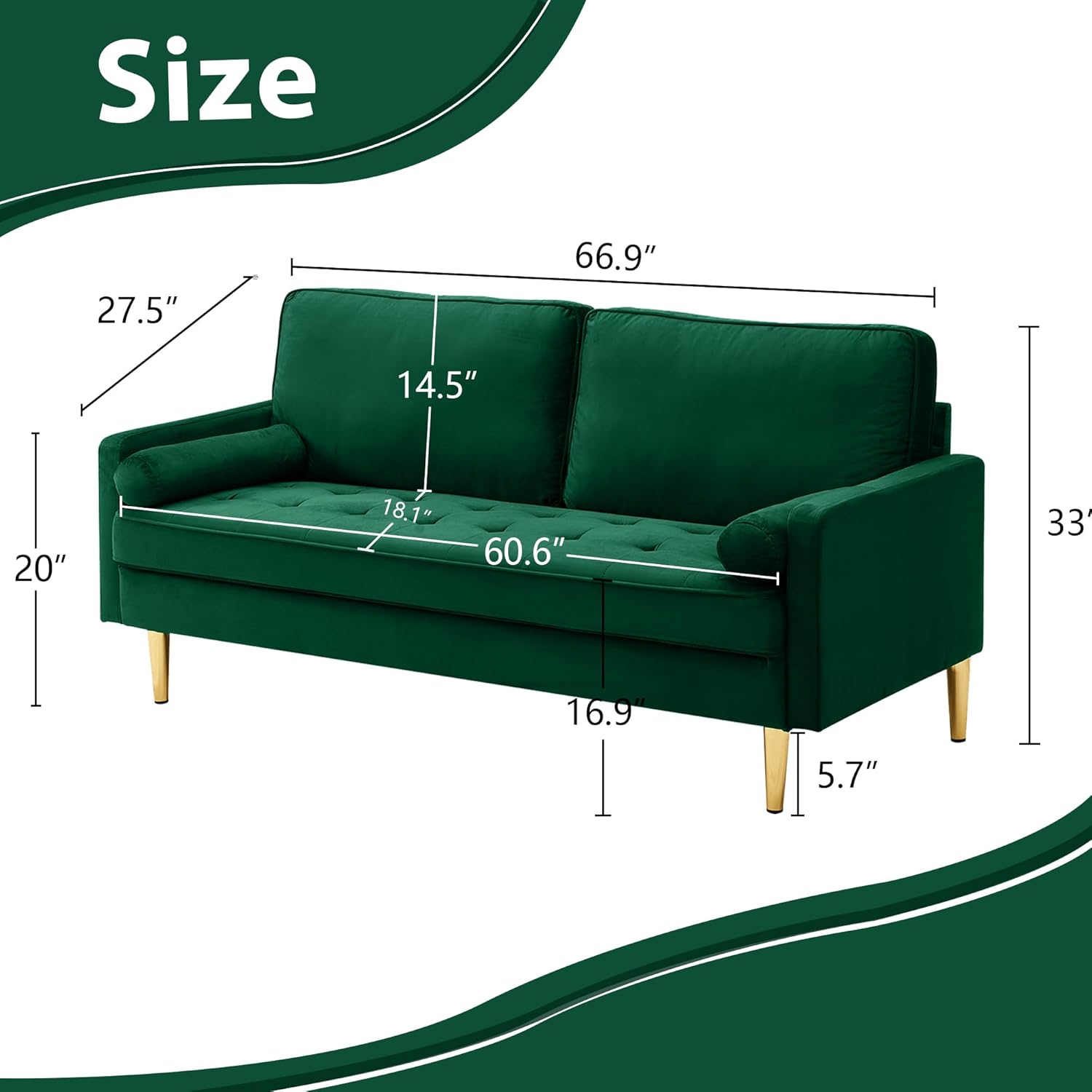 67' Modern Velvet Loveseat Sofa Couch, Mid-Century Tufted Upholstered Small Love Seat Couch with 2 Pillows & 4 Golden Legs, 2-Seats Couches for Compact Space, Living Room, Apartment (Emerald)