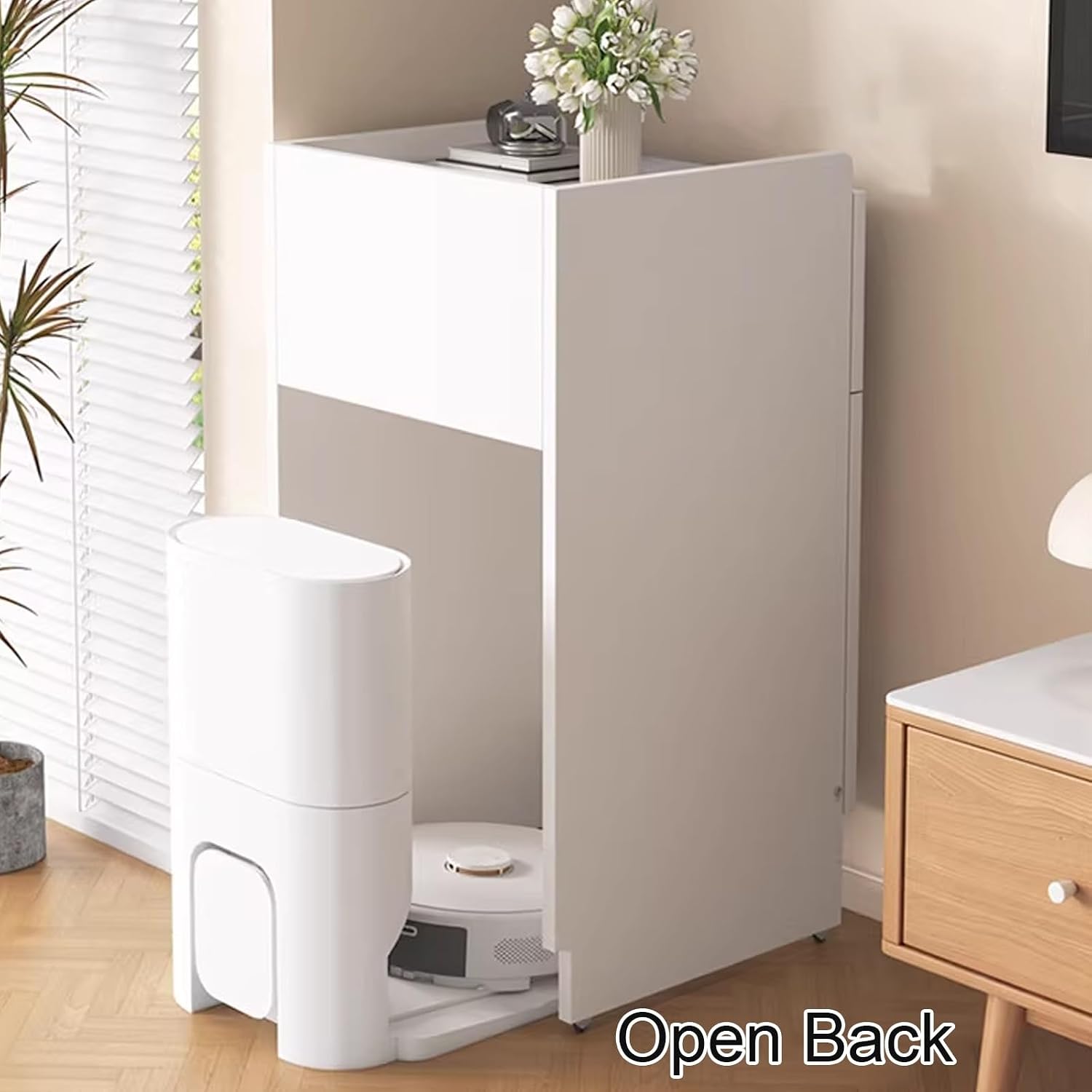 Mobile Storage Cabinet for Self-Emptying Robot Vacuum and Mop Open Back Panel Hidden Robot Vacuum Stand Side Table for Living Room Home Office Corner(Champagne,50 * 40 * 93cm)