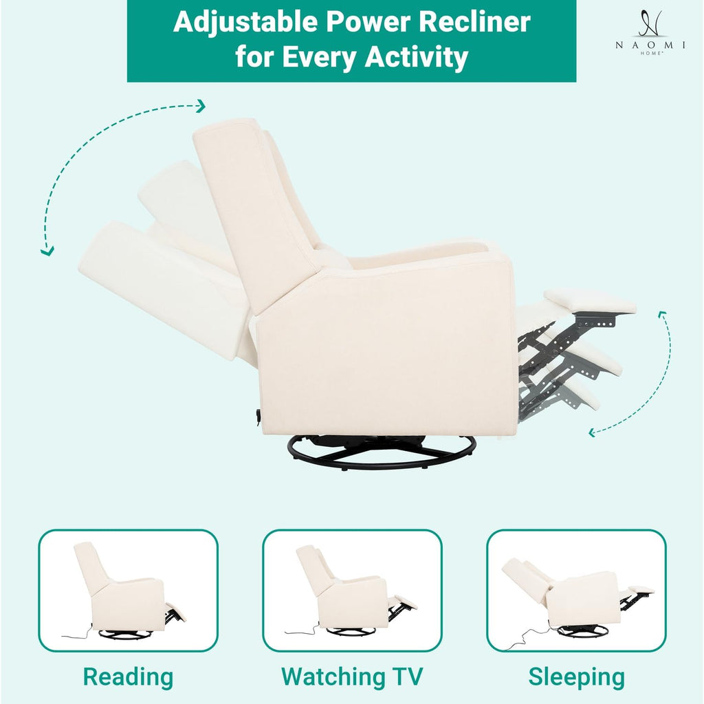 Naomi Home Tanya Luxury Motion Recliner Chair, Cream – Plush Upholstered Glider Rocker with USB Charging, Swivel, and Lumbar Support for Nursery Comfort, 275 lbs Capacity