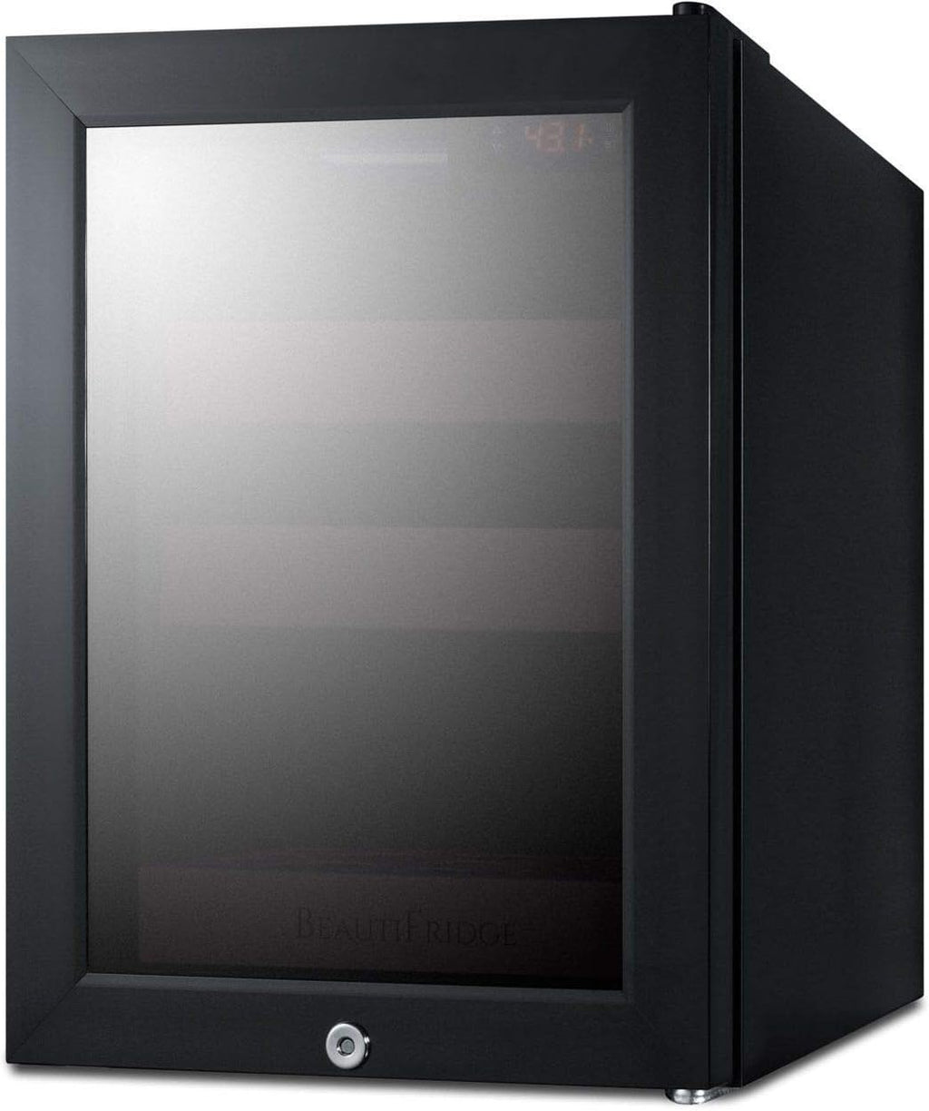 Summit Appliance LX114LPT1 BeautiFridge Compact Cosmetics Cooler, 0.85 cu.ft Capacity, 14' Wide, Automatic Defrost, LED lighting, Factory Installed Lock, Adjustable Shelves In A Matte Blush Finish