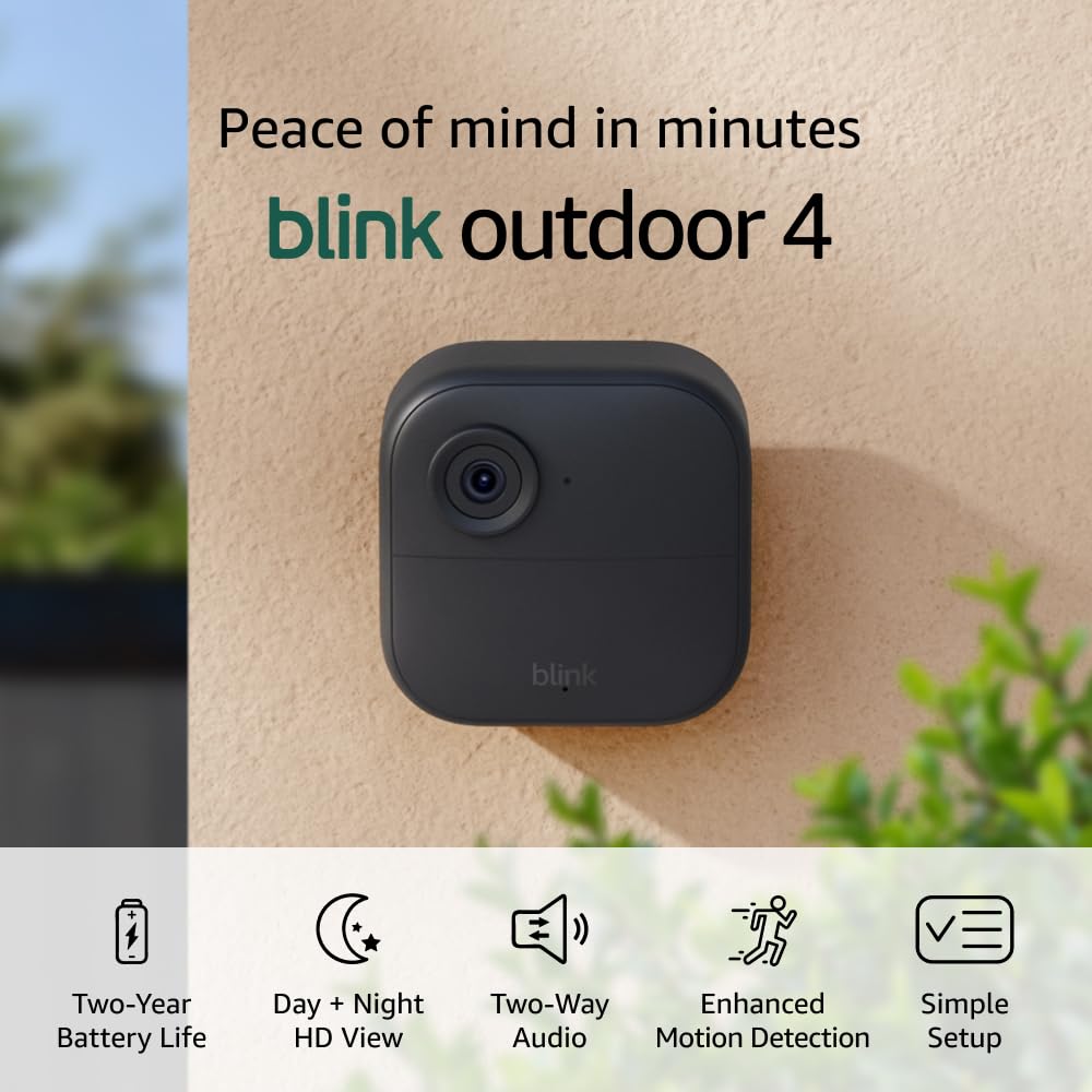 Blink Outdoor 4 (4th Gen) + Blink Mini – Smart security camera, two-way talk, HD live view, motion detection, set up in minutes, Works with Alexa – 3 camera system + Mini (White)