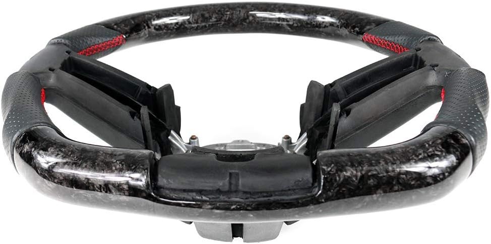 IKON MOTORSPORTS, Steering Wheel Compatible With 2010-2014 Ford Mustang, Black Forged Carbon Fiber & Perforated Leather Steering Wheel Brushed Kit With Red Stitching, 2011 2012 2013