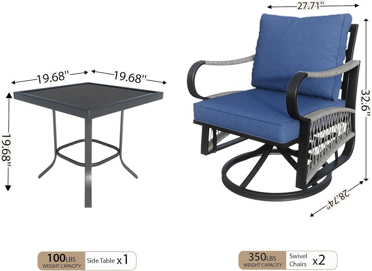 3 Pieces Glider Rocking Chairs, Outdoor Swivel Rocker Chairs with Blue Padded Cushions, Patio Bistro Furniture Set with Side Table for Porch Balcony Backyard Deck Poolside, Blue