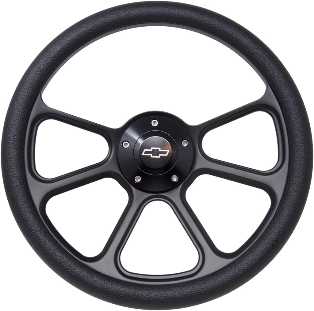 14' Universal Steering Wheel Aluminum Black 5-Bolt 350mm Black Vinyl Wrap Chevy Horn Button 3-Spoke