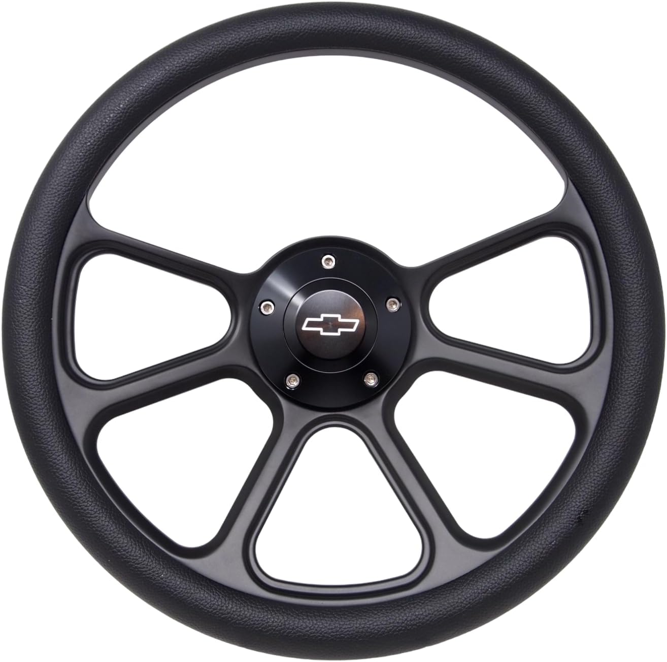 14' Universal Steering Wheel Aluminum Black 5-Bolt 350mm Black Vinyl Wrap Chevy Horn Button 3-Spoke