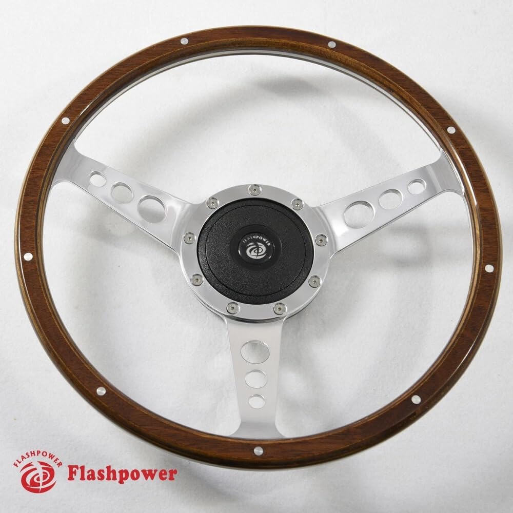 15'' Classic Wood Steering Wheel 9 Rivets with Horn Button