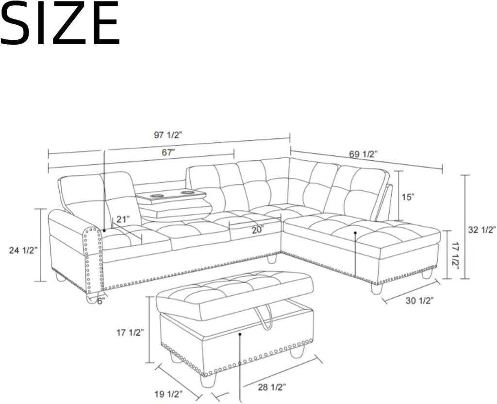 ChicFurnit L Shaped Sectional Couches, Modular Sectional Sofa with Ottoman Storage, Nail-Head Design Lounge Sofa with Reversible Cup Holder for Living Room, Bedroom, Gray