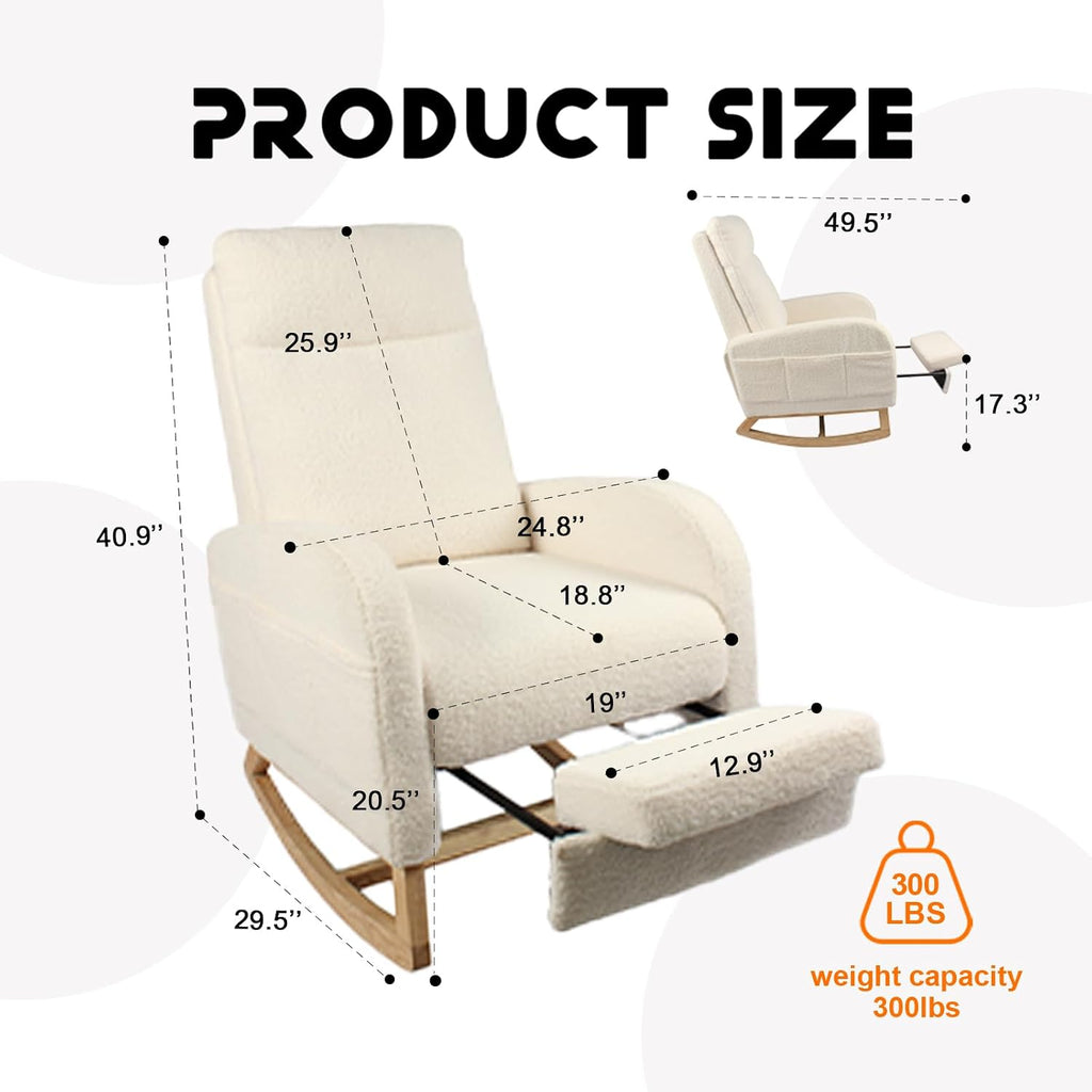 Rocking Chair Nursery with Foot Rest, Sherpa Nursing Rocking for Mom Nursery Rocker Chair with High Backrest, Armchair Rocker Glider with Side Pocket for Living Room, Bedroom, Teddy White